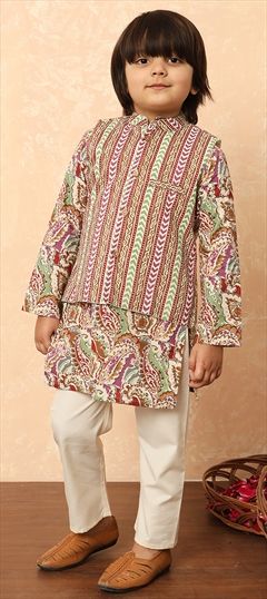Festive, Summer Multicolor color Boys Kurta Pyjama with Jacket in Cotton fabric with Printed work : 1913150