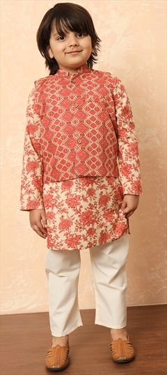 Festive, Summer Beige and Brown, Pink and Majenta color Boys Kurta Pyjama with Jacket in Cotton fabric with Printed work : 1913159
