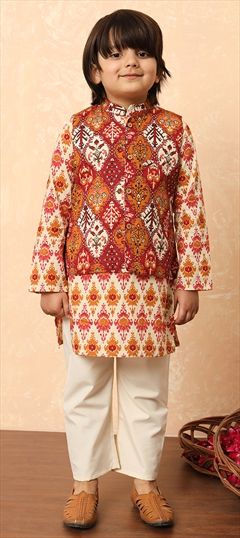 Festive, Summer Red and Maroon color Boys Kurta Pyjama with Jacket in Cotton fabric with Printed work : 1913161