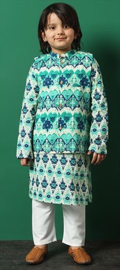 Festive, Summer Green color Boys Kurta Pyjama with Jacket in Cotton fabric with Printed work : 1913164