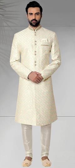 Wedding White and Off White color Sherwani in Silk fabric with Embroidered, Thread work : 1913165