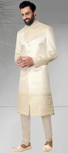 Wedding White and Off White color Sherwani in Silk fabric with Embroidered, Thread work : 1913172