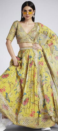 Engagement, Reception, Wedding Yellow color Lehenga in Organza Silk fabric with Flared Digital Print work : 1913175