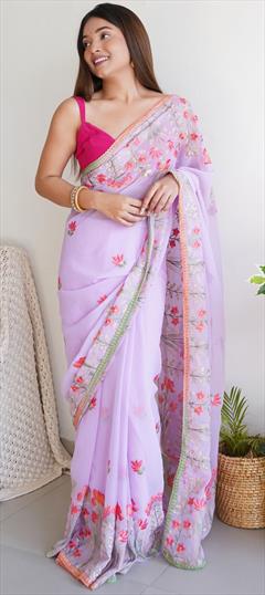 Party Wear Purple and Violet color Saree in Georgette fabric with Classic Embroidered, Lace, Thread work : 1913238