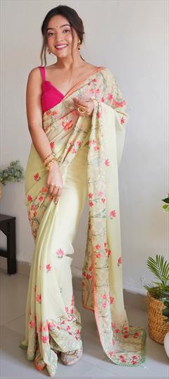 Party Wear Yellow color Saree in Georgette fabric with Classic Embroidered, Lace, Thread work : 1913239