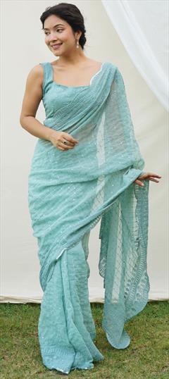 Festive, Party Wear Blue color Saree in Georgette fabric with Classic Embroidered, Resham, Sequence work : 1913251