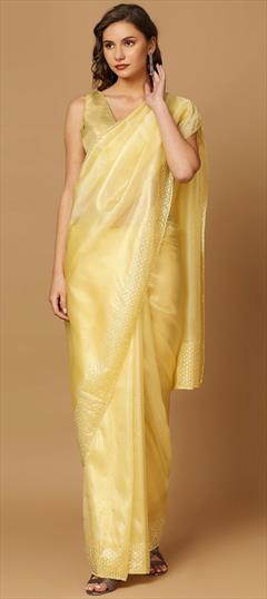 Party Wear, Reception, Traditional Yellow color Saree in Organza Silk fabric with South Embroidered work : 1913255