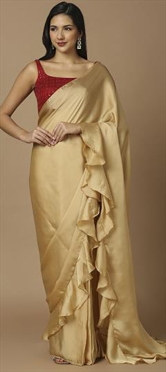 Party Wear, Reception, Traditional Gold color Saree in Satin Silk fabric with South Embroidered work : 1913256