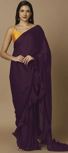 Party Wear, Reception, Traditional Purple and Violet color Saree in Satin Silk fabric with South Embroidered work : 1913257
