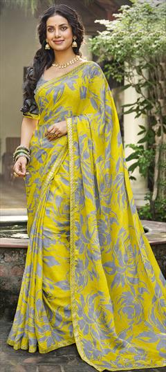Reception, Wedding Yellow color Saree in Chiffon fabric with Classic Printed, Stone work : 1913324