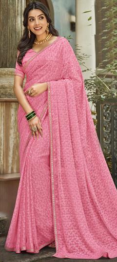 Reception, Wedding Pink and Majenta color Saree in Brasso fabric with Classic Patch, Stone work : 1913327