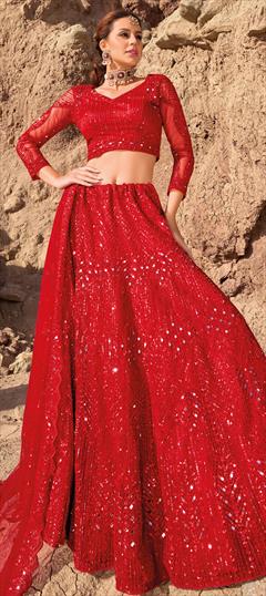 Bridal, Engagement, Wedding Red and Maroon color Lehenga in Net fabric with Elbow Sleeve, Flared Border, Embroidered, Mirror, Resham, Thread, Zari, Zircon work : 1913347