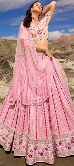 Bridal, Engagement, Wedding Pink and Majenta color Lehenga in Georgette fabric with Flared Border, Embroidered, Mirror, Resham, Thread, Zari, Zircon work : 1913350