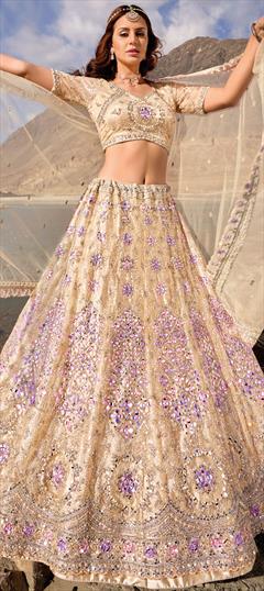 Bridal, Engagement, Wedding Beige and Brown color Lehenga in Net fabric with Flared Border, Embroidered, Mirror, Resham, Thread, Zari, Zircon work : 1913352