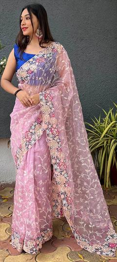 Party Wear, Wedding Pink and Majenta color Saree in Organza Silk fabric with Classic Embroidered, Resham, Sequence, Thread work : 1913354