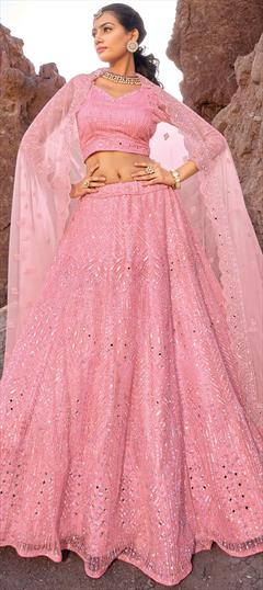 Bridal, Engagement, Wedding Pink and Majenta color Lehenga in Net fabric with Elbow Sleeve, Flared Border, Embroidered, Mirror, Resham, Thread, Zari, Zircon work : 1913355