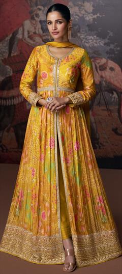 Festive, Party Wear, Wedding Yellow color Salwar Kameez in Georgette fabric with Anarkali Embroidered, Printed, Sequence, Thread, Zari work : 1913469