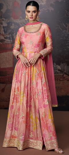 Festive, Party Wear, Wedding Pink and Majenta color Salwar Kameez in Georgette fabric with Anarkali Embroidered, Printed, Sequence, Thread, Zari work : 1913472
