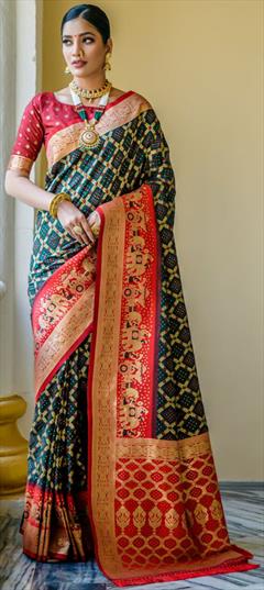 Traditional Green color Saree in Banarasi Silk fabric with Rajasthani, South Bandhej, Weaving work : 1913481