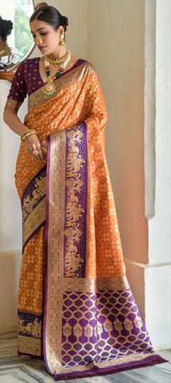 Traditional Orange color Saree in Banarasi Silk fabric with Rajasthani, South Bandhej, Weaving work : 1913483