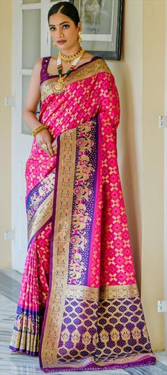 Traditional Pink and Majenta color Saree in Banarasi Silk fabric with Rajasthani, South Bandhej, Weaving work : 1913484