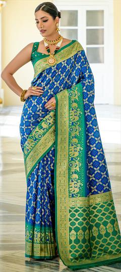 Traditional Blue color Saree in Banarasi Silk fabric with Rajasthani, South Bandhej, Weaving work : 1913486