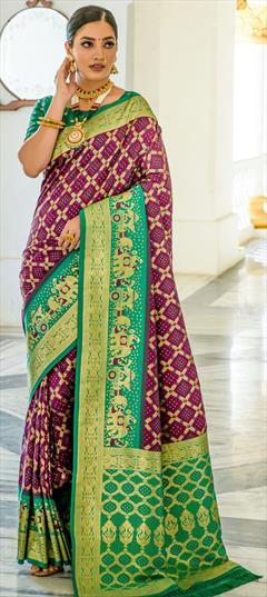 Traditional Purple and Violet color Saree in Banarasi Silk fabric with Rajasthani, South Bandhej, Weaving work : 1913487