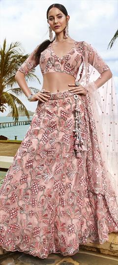 Party Wear, Reception, Wedding Pink and Majenta color Lehenga in Net fabric with Flared Embroidered, Sequence, Thread work : 1913488