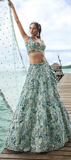 Party Wear, Reception, Wedding Blue color Lehenga in Organza Silk fabric with Flared Embroidered, Sequence, Thread work : 1913492
