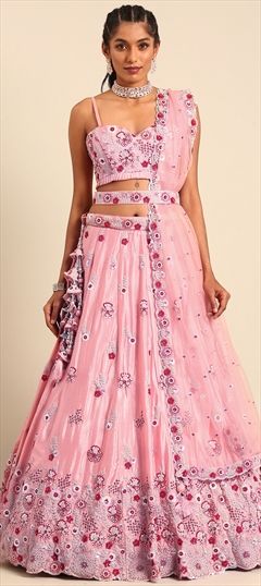 Party Wear, Reception, Wedding Pink and Majenta color Lehenga in Georgette fabric with Flared Embroidered, Sequence, Thread work : 1913493