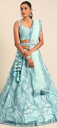 Party Wear, Reception, Wedding Blue color Lehenga in Net fabric with Flared Embroidered, Sequence, Thread work : 1913494