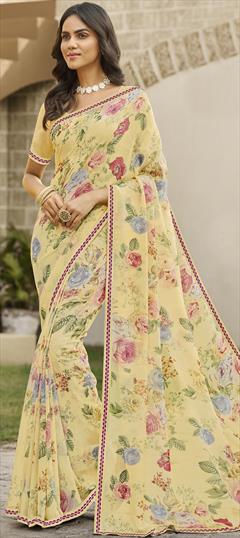 Party Wear Yellow color Saree in Georgette fabric with Classic Digital Print, Floral, Lace work : 1913498