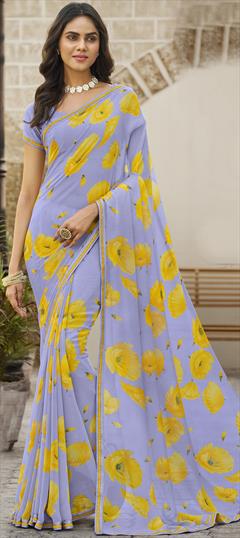Party Wear Blue color Saree in Georgette fabric with Classic Digital Print, Floral, Lace work : 1913500