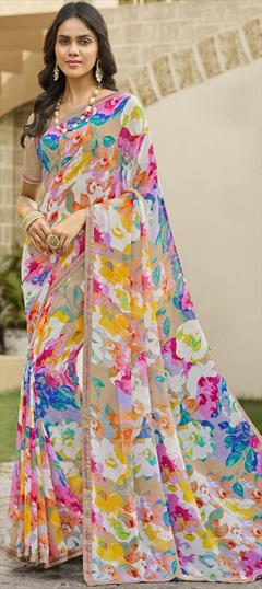 Party Wear Multicolor color Saree in Georgette fabric with Classic Digital Print, Floral, Lace work : 1913503
