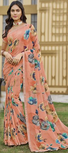 Party Wear Pink and Majenta color Saree in Georgette fabric with Classic Digital Print, Floral, Lace work : 1913513