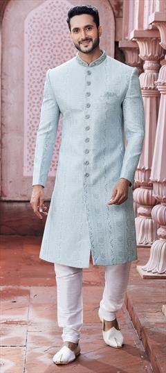 Wedding Blue color Sherwani in Art Silk fabric with Embroidered, Resham, Sequence, Thread work : 1913518