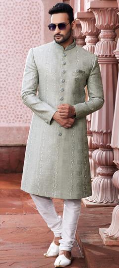 Wedding Black and Grey color Sherwani in Art Silk fabric with Embroidered, Resham, Sequence, Thread work : 1913519