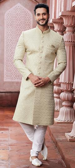 Wedding Beige and Brown color Sherwani in Art Silk fabric with Embroidered, Resham, Sequence, Thread work : 1913524