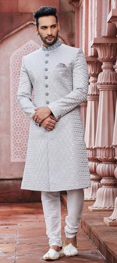 Wedding Black and Grey color Sherwani in Art Silk fabric with Embroidered, Resham, Sequence, Thread work : 1913526
