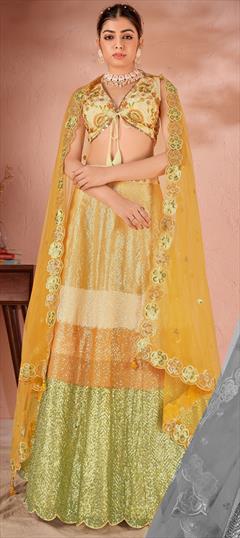 Reception, Wedding Green, Yellow color Lehenga in Net fabric with Flared Embroidered, Resham, Sequence, Thread work : 1913544
