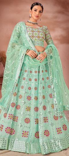 Bridal, Reception, Wedding Green color Lehenga in Georgette fabric with Flared Embroidered, Resham, Sequence, Thread work : 1913545
