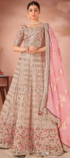 Bridal, Reception, Wedding Beige and Brown color Lehenga in Georgette fabric with Flared Embroidered, Resham, Sequence, Thread work : 1913546
