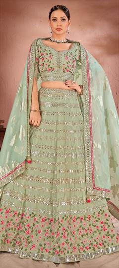 Bridal, Reception, Wedding Green color Lehenga in Georgette fabric with Flared Embroidered, Resham, Sequence, Thread work : 1913548