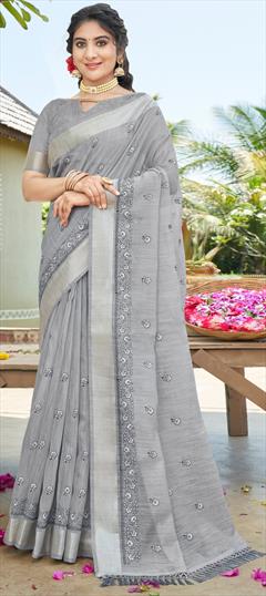 Festive, Traditional Black and Grey color Saree in Cotton fabric with South Embroidered, Sequence, Thread work : 1913567