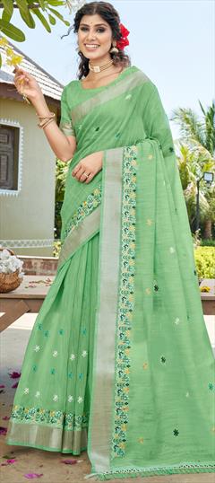 Festive, Traditional Green color Saree in Cotton fabric with South Embroidered, Sequence, Thread work : 1913569