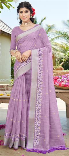 Festive, Traditional Purple and Violet color Saree in Cotton fabric with South Embroidered, Sequence, Thread work : 1913570