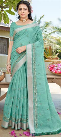 Festive, Traditional Blue color Saree in Cotton fabric with South Embroidered, Sequence, Thread work : 1913571
