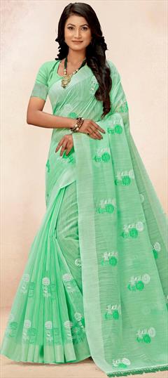 Festive, Traditional Green color Saree in Cotton fabric with Bengali Embroidered, Printed, Sequence, Thread work : 1913582