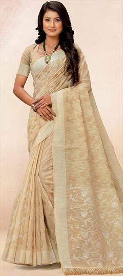 Festive, Traditional Beige and Brown color Saree in Cotton fabric with Bengali Embroidered, Printed, Sequence, Thread work : 1913584