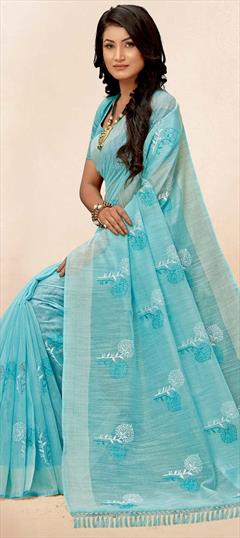 Festive, Traditional Blue color Saree in Cotton fabric with Bengali Embroidered, Printed, Sequence, Thread work : 1913587